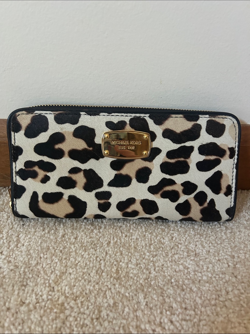 Michael Kors Leopard Print Zip-Around Wallet in Black, Cream, Tan